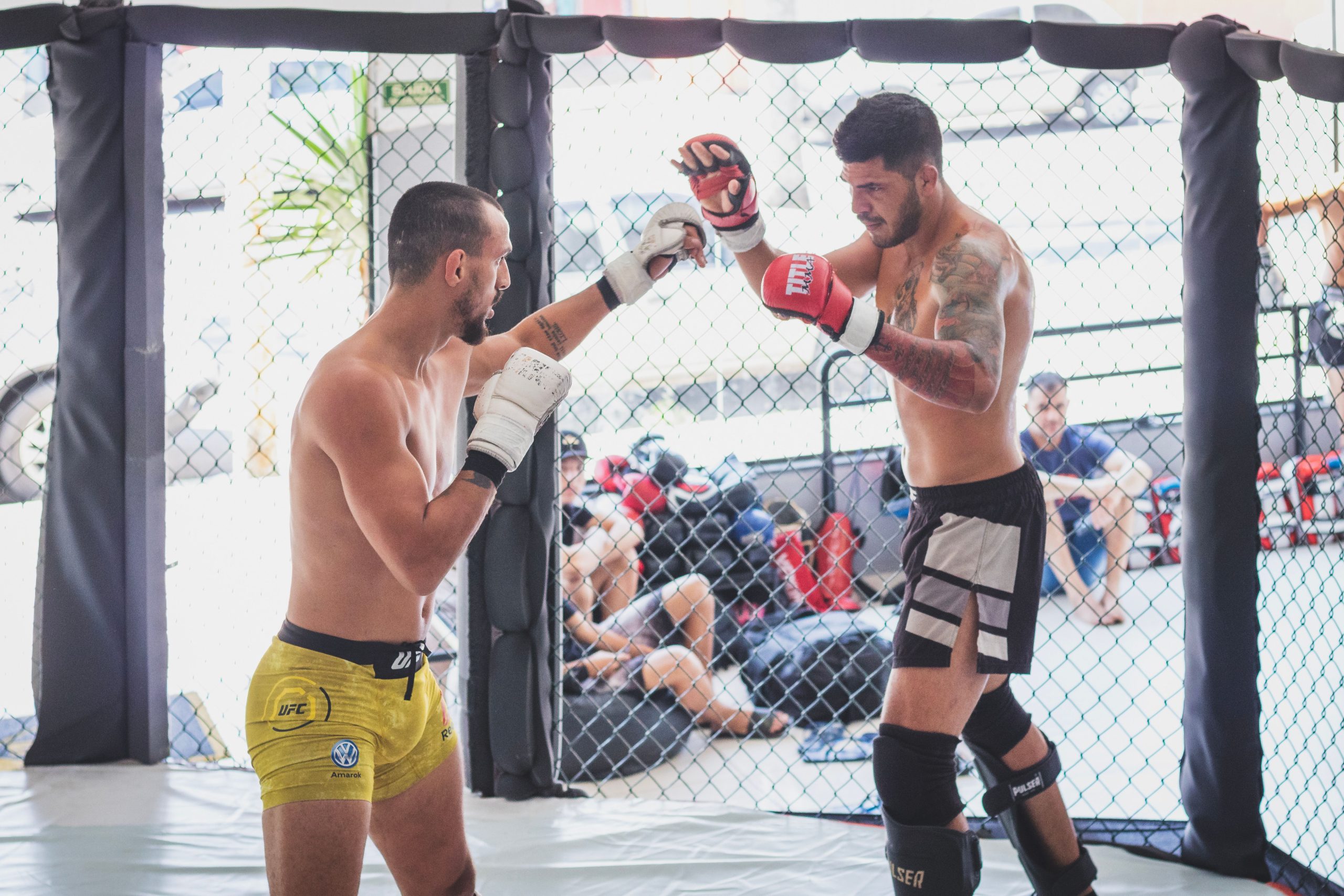 Deux combattants en sparring MMA intensif en cage
